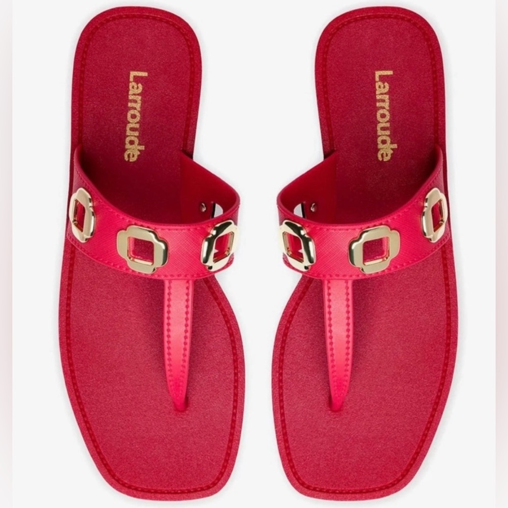 Larroude Red and Gold Sandals with Bold Embellishments Jelly Thong size 10